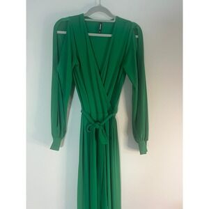 Janette Green Open Sleeve Wrap V-Neck Belted Wide Leg Jumpsuit Size M PJ9787